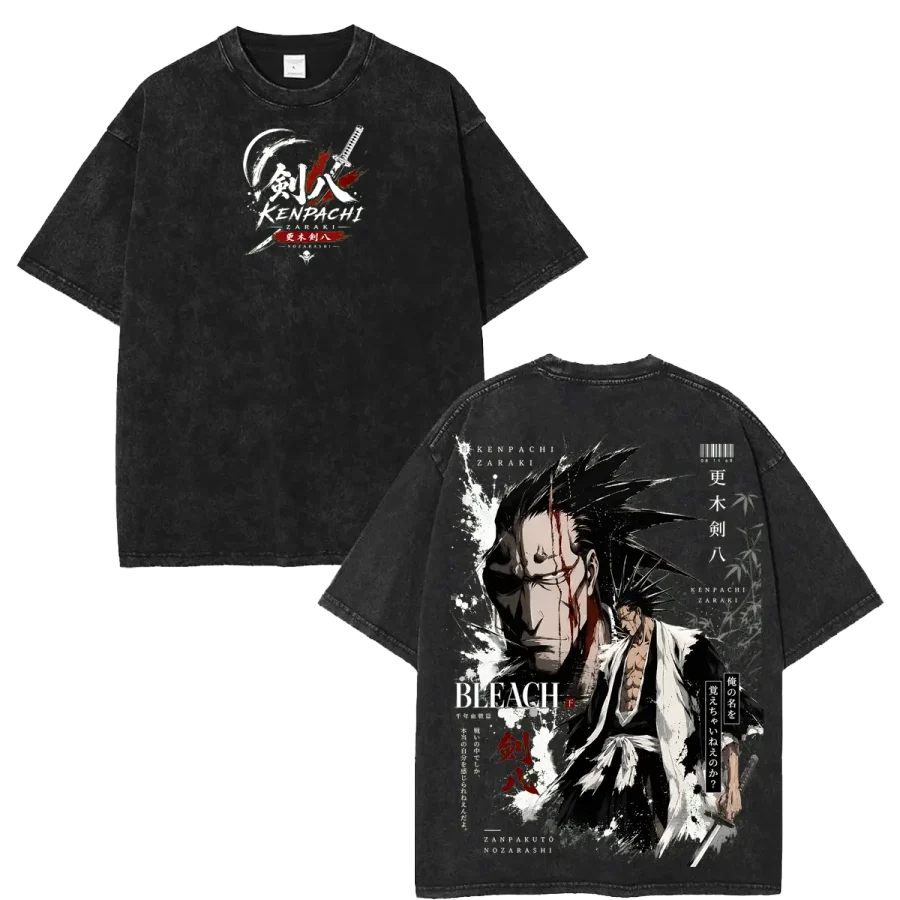 Acid Wash Anime T-Shirt Bleach Kenpachi Zaraki Washed Retro Streetwear Shirt