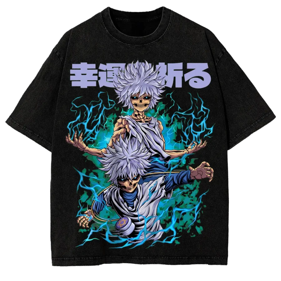 Acid Wash Anime Shirt Hunter x Hunter Skeleton Killua Zoldyck Anime Washed T Shirt