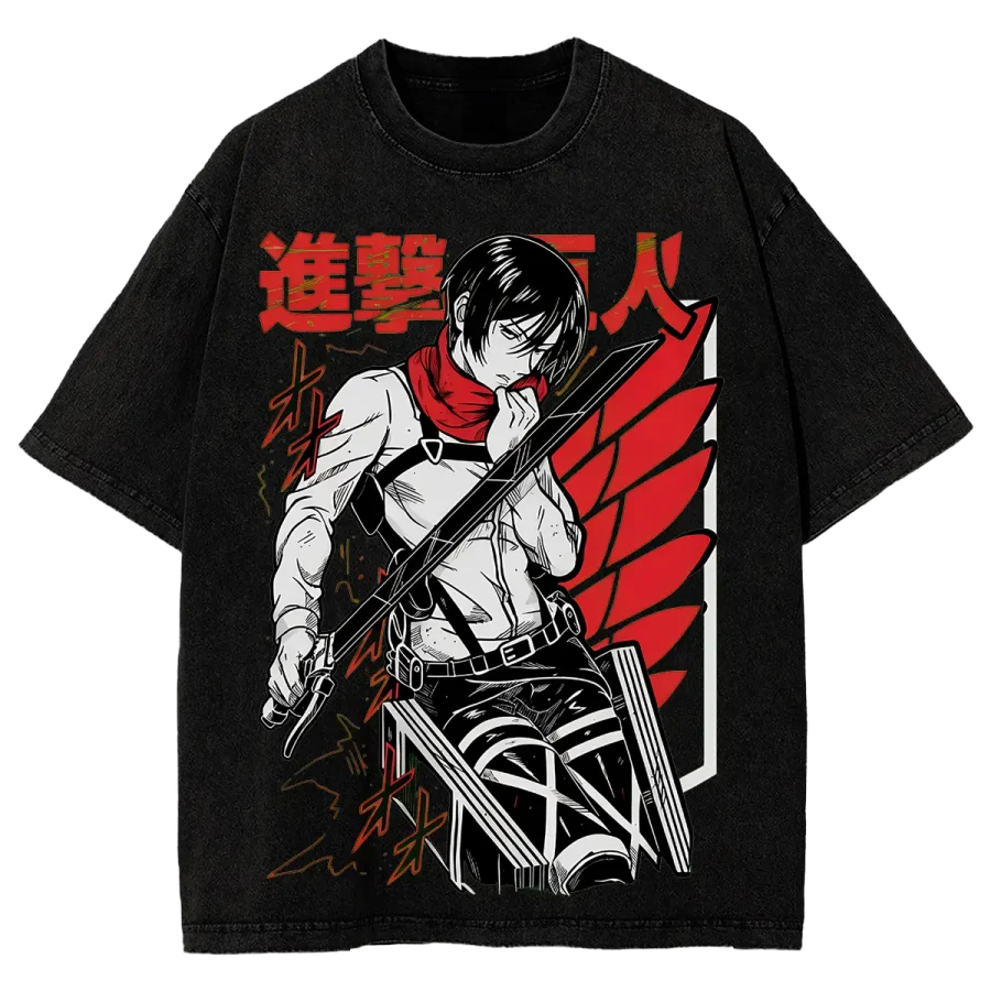 Acid Wash Anime T-Shirt Attack On Titan Mikasa Ackerman Washed T Shirt