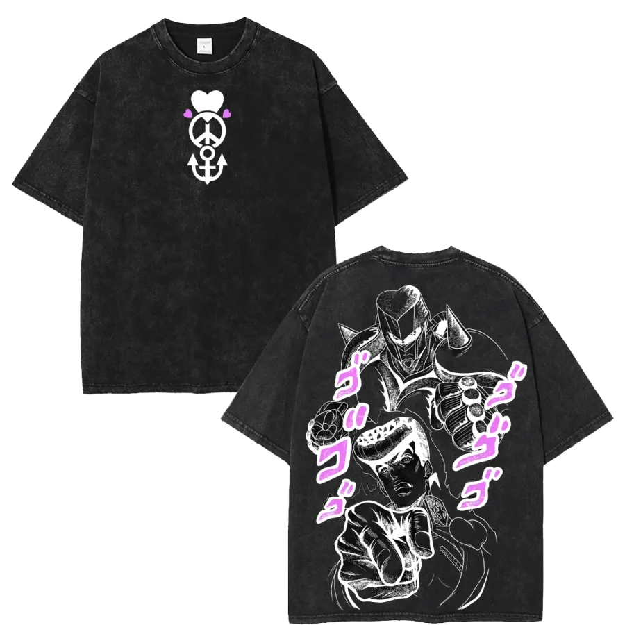 Acid Wash Anime JoJo’s Bizarre Adventure Josuke Higashikata Washed Retro Streetwear T Shirt