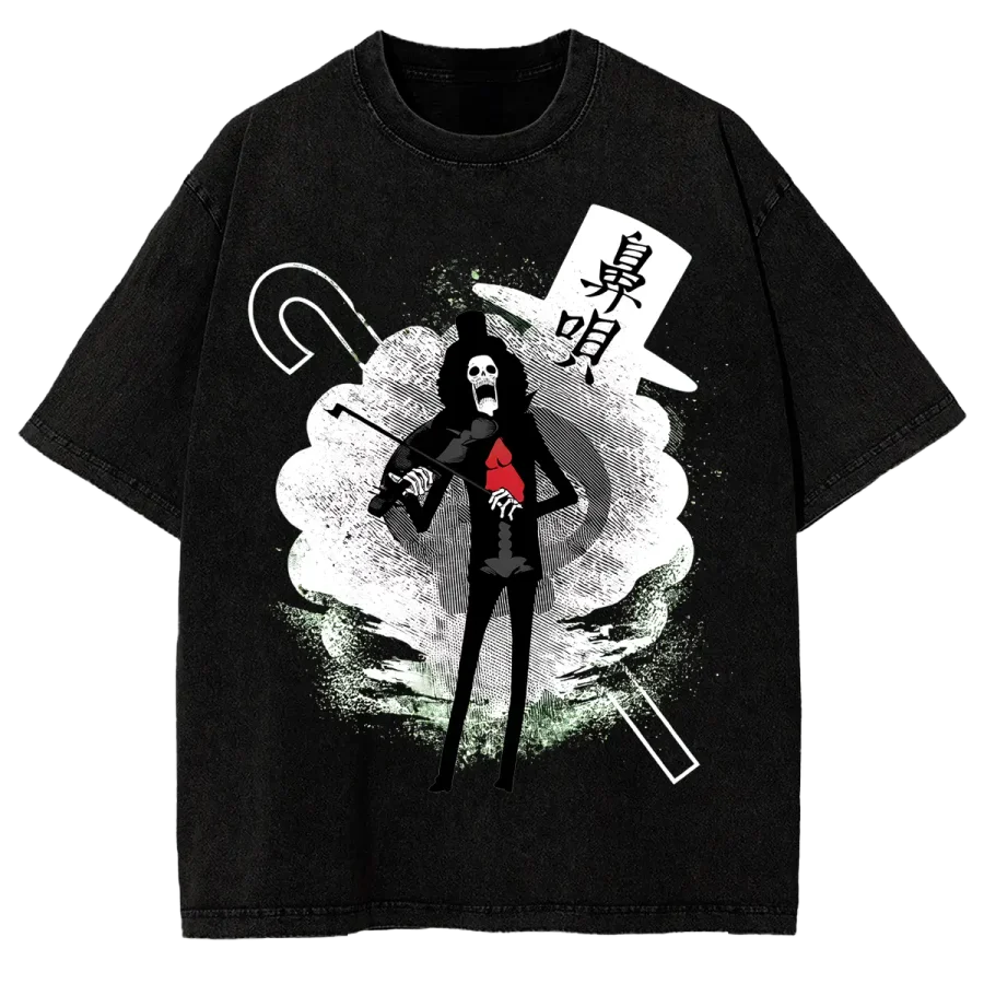 Acid Wash Anime T-Shirt Brook One Piece Anime Washed Retro Streetwear Shirt