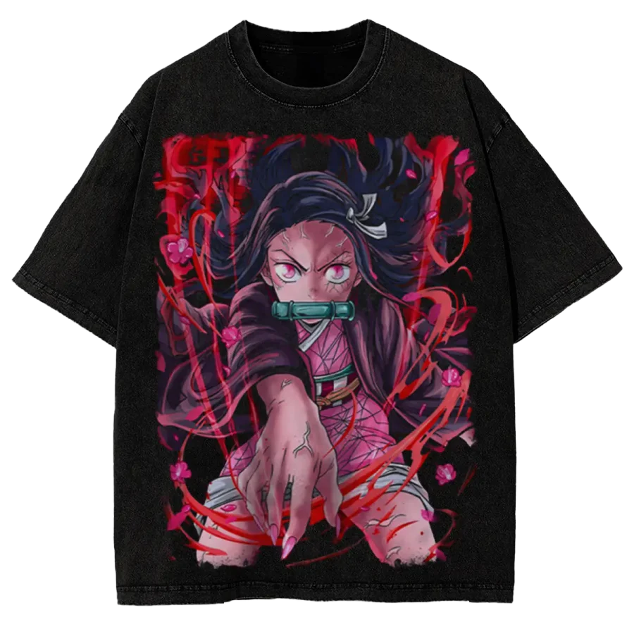 Acid Wash Anime Nezuko Kamado Demon Slayer Washed Retro Streetwear T Shirt