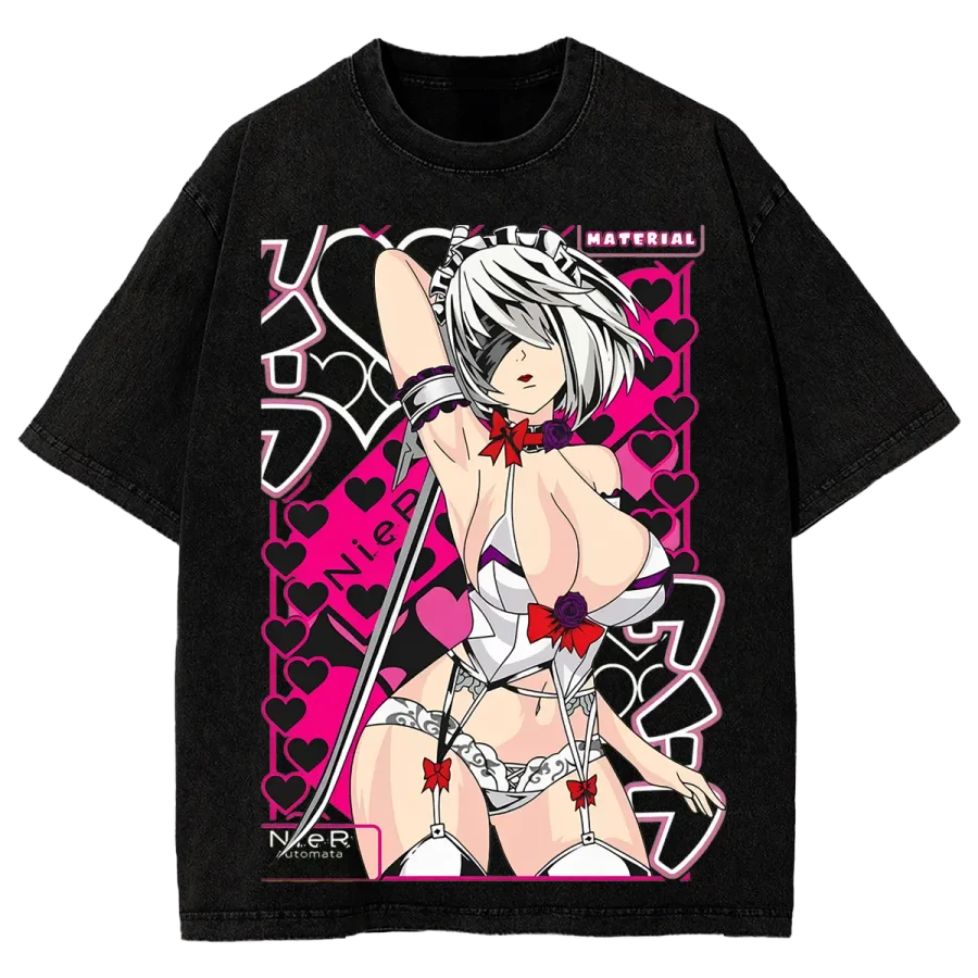 2B NieR Automata Vintage Washed T-Shirt Classic Gaming Streetwear Tee