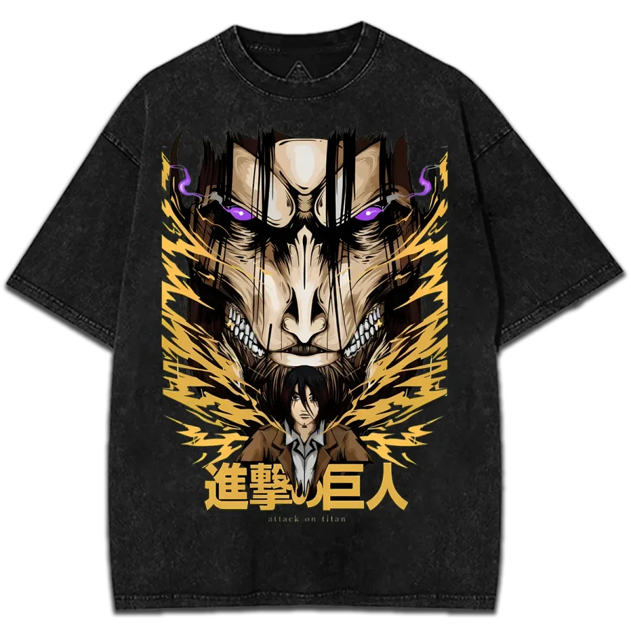 Acid Wash Anime Graphic Tee Attack on Titan Vintage Washed T-Shirt