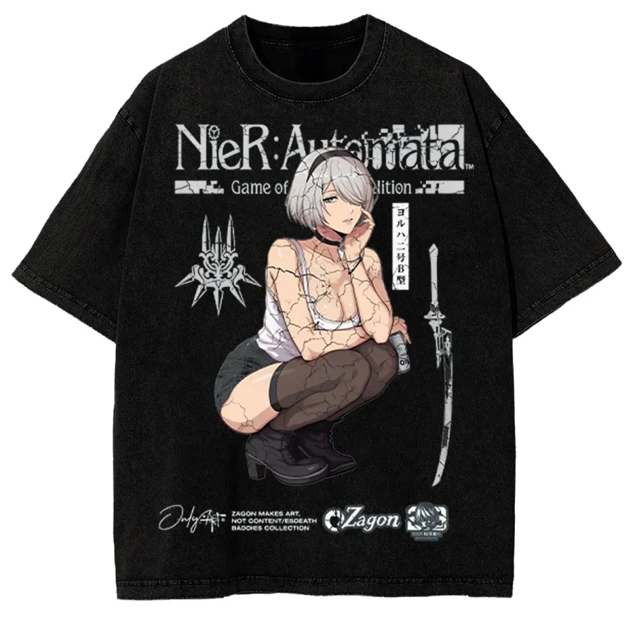 2B Nier Automata Anime Game YoRHa Android Graphic Heavyweight Oversized Vintage Washed T Shirt Streetwear