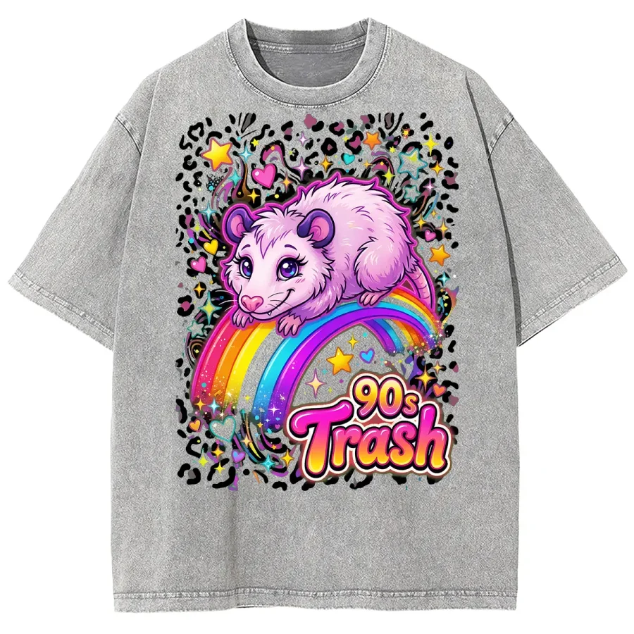 90s Trash Retro Opossum Rainbow Cute Meme Graphic Heavyweight Oversized Vintage Washed T Shirt Streetwear