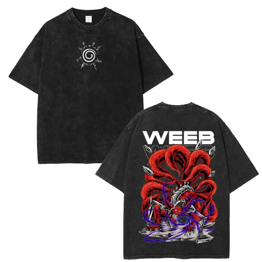 9 Tailed Fox Kurama Anime Washed T-Shirt Vintage Naruto Manga Character Tee For Fans Collectors
