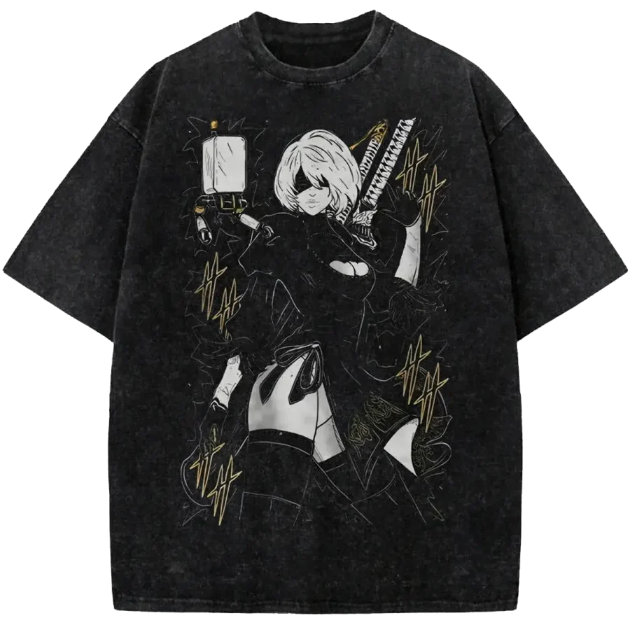 2B NieR Automata Line Art Vintage Washed Tee YoRHa Android Gold Accent Streetwear Shirt