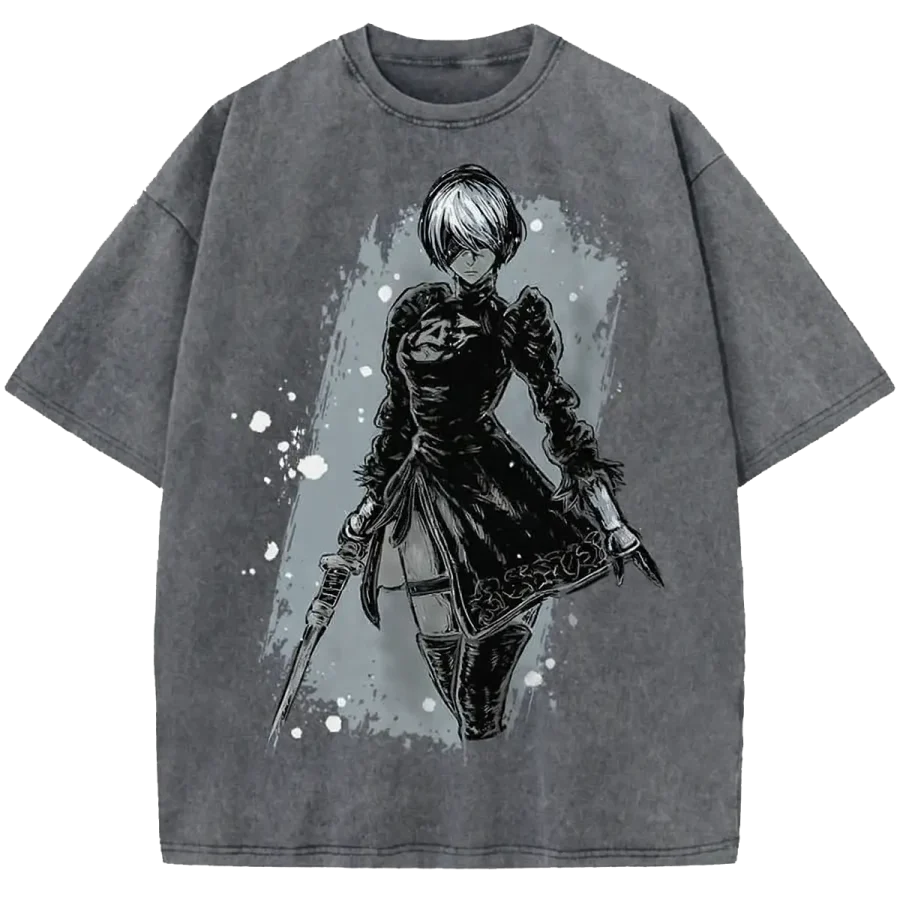 2B NieR Automata Splatter Art Vintage Washed Shirt – YoRHa Android Monochrome Streetwear Tee
