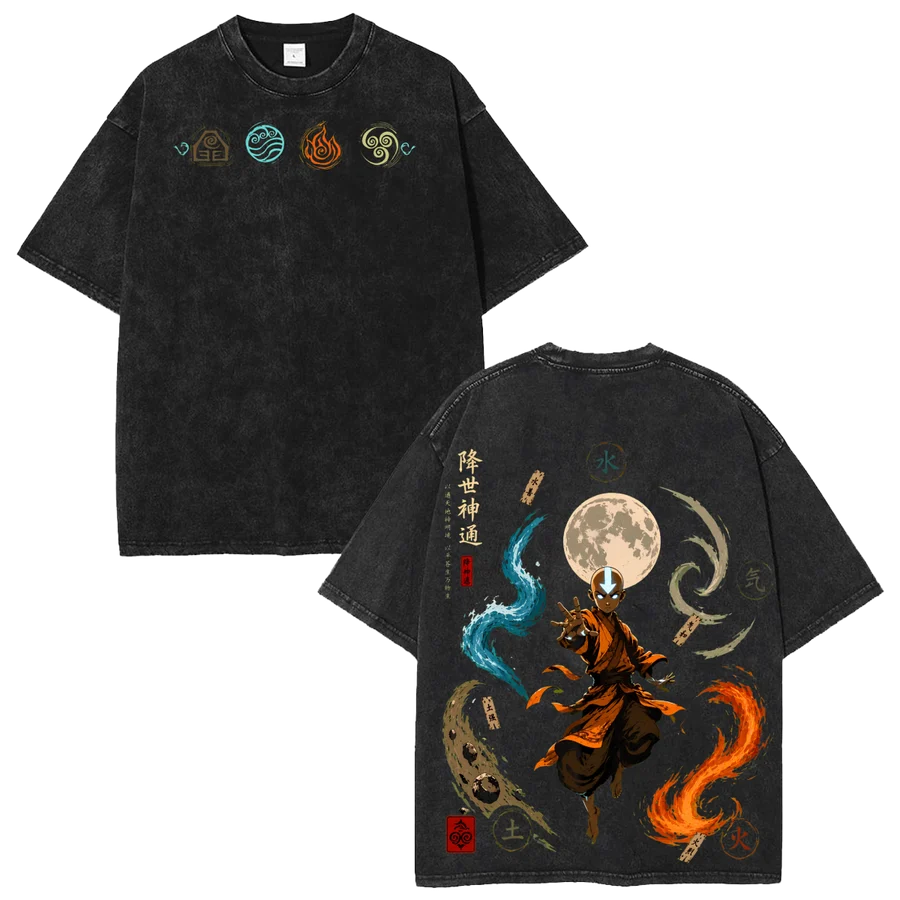 Aang Anime Washed T Shirt Avatar The Last Airbender Four Elements Vintage Washed Graphic Tee Air Water Earth Fire Streetwear